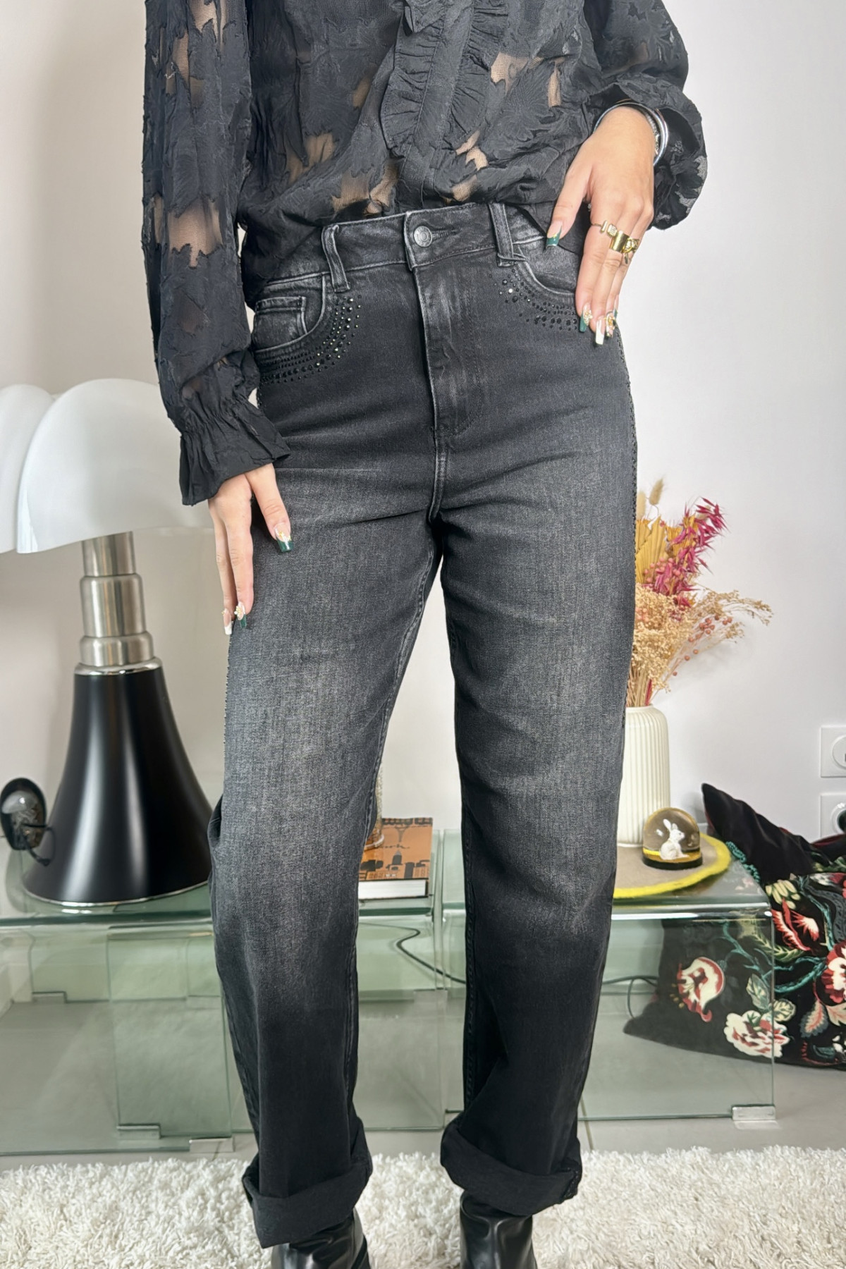 B YOUNG PANTALON JEANS NOIR A STRASS COUPE DENIM 5559 LARA