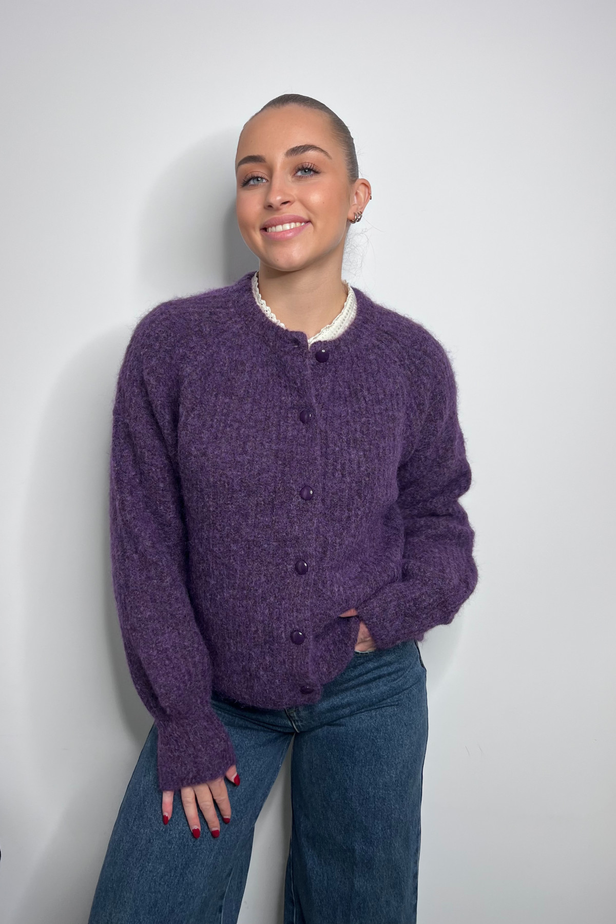 Gilet chummy en maille douce et duveteuse violet SK28745 Gilet chummy en maille douce et duveteuse violet SK28745