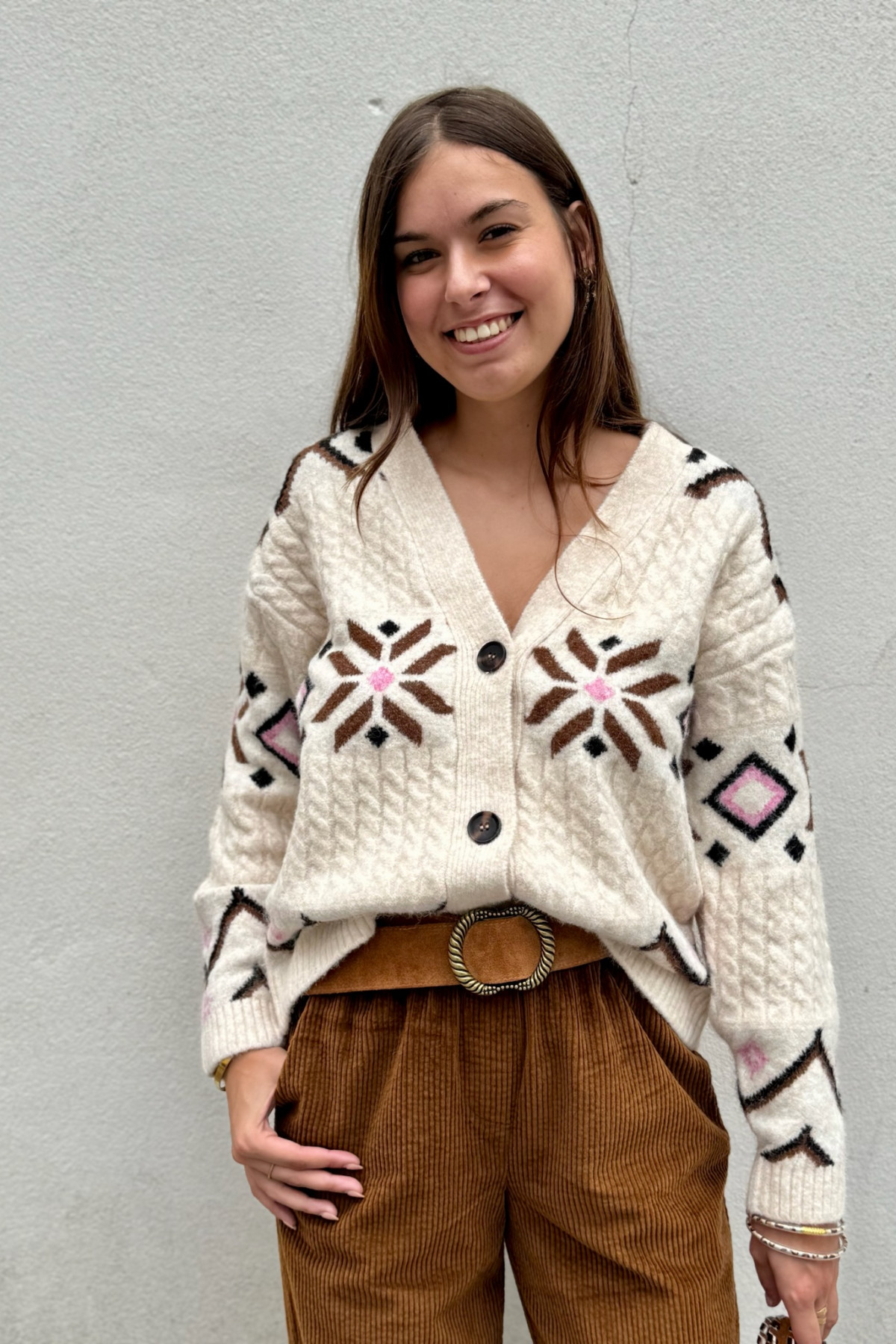 gilet Melba b young beige imprimé bohème camel et rose boutons gilet Melba b young beige imprimé bohème camel et rose boutons