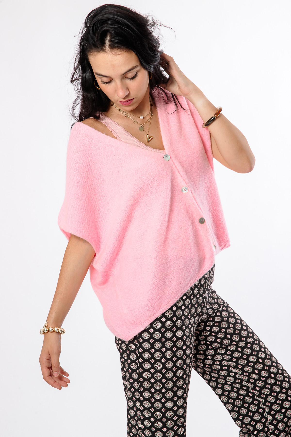 GILET SANS MANCHES AVEC BOUTONS EN ALPAGA ROSE 24073 