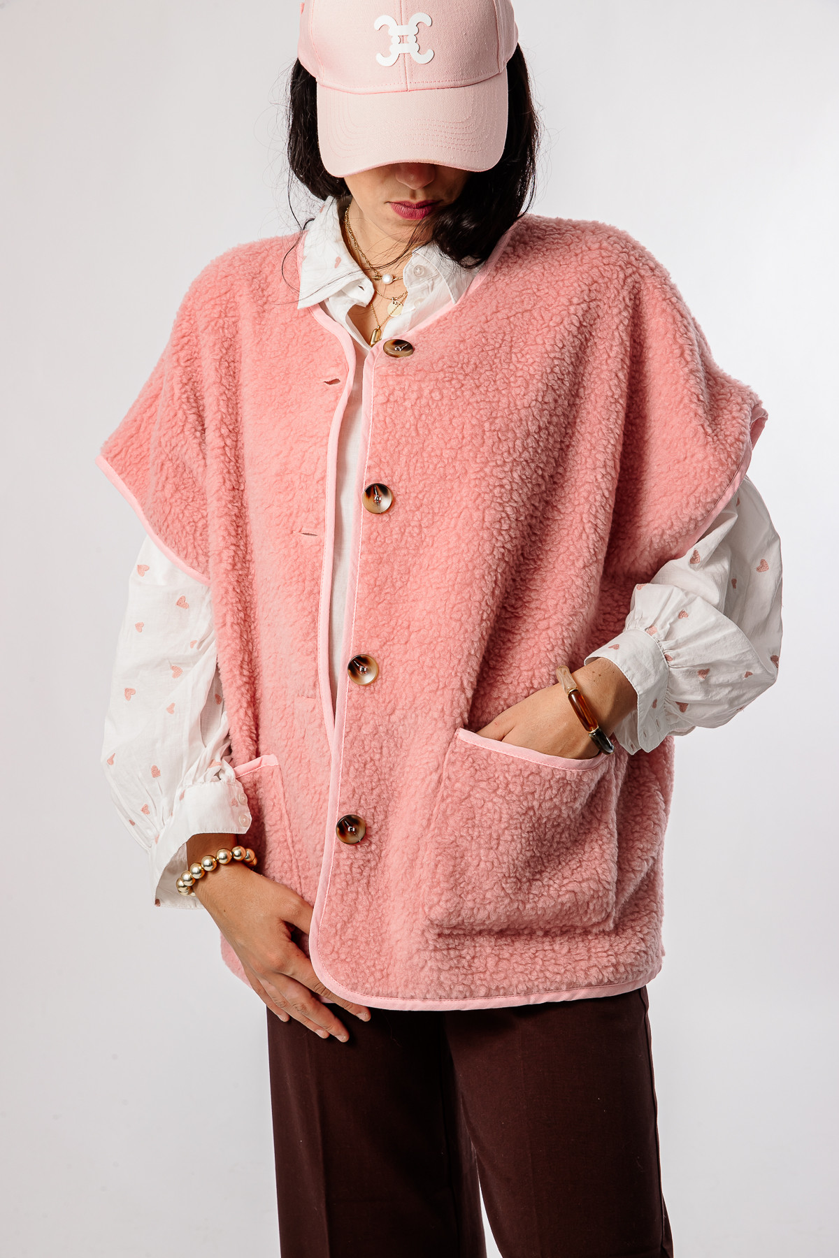 gilet veste sans manches rose effet moumoutte J&L art12079