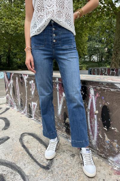 Jeans taille haute bleu foncé délavé 