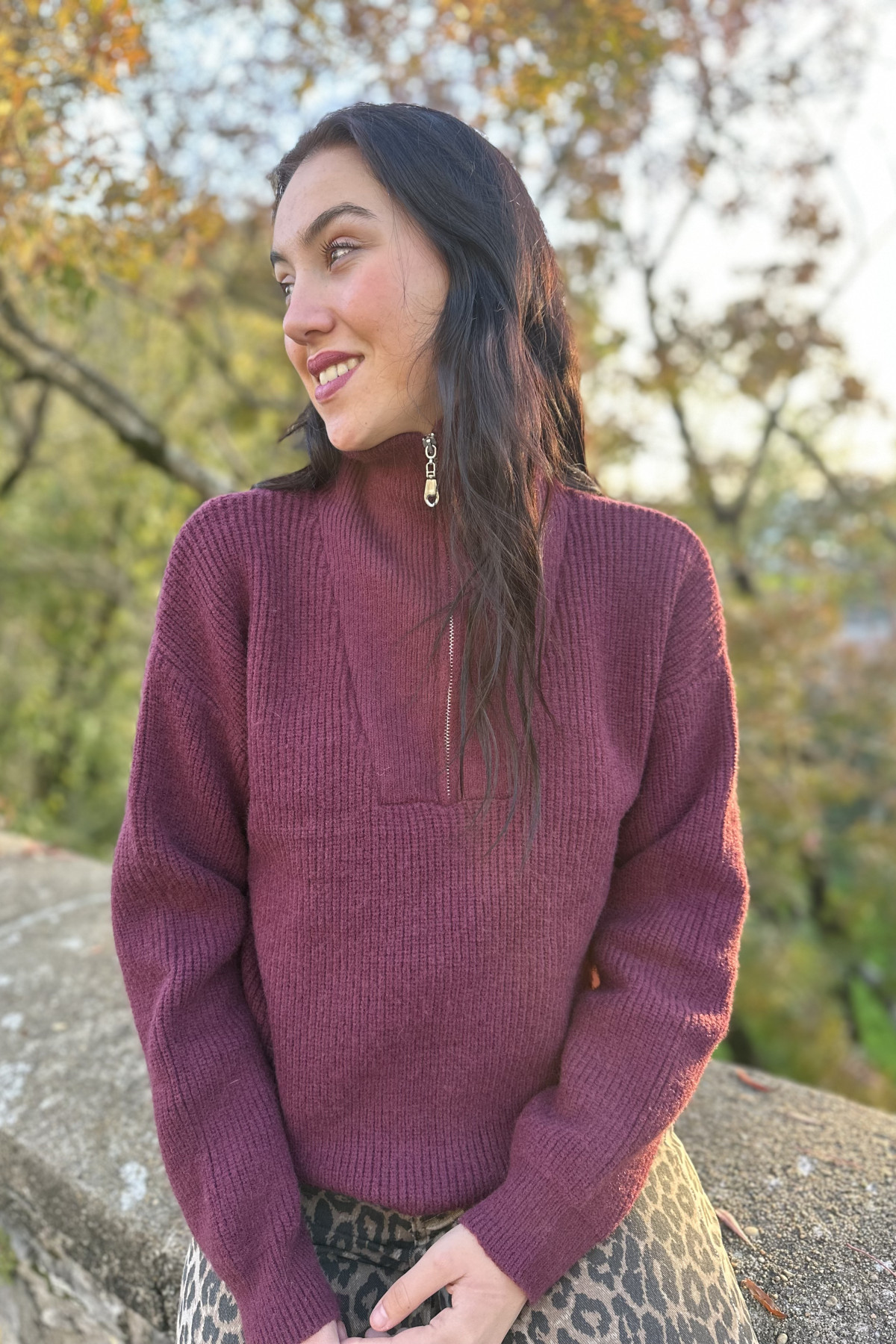 Pull oversize à zip bordeaux SK28678