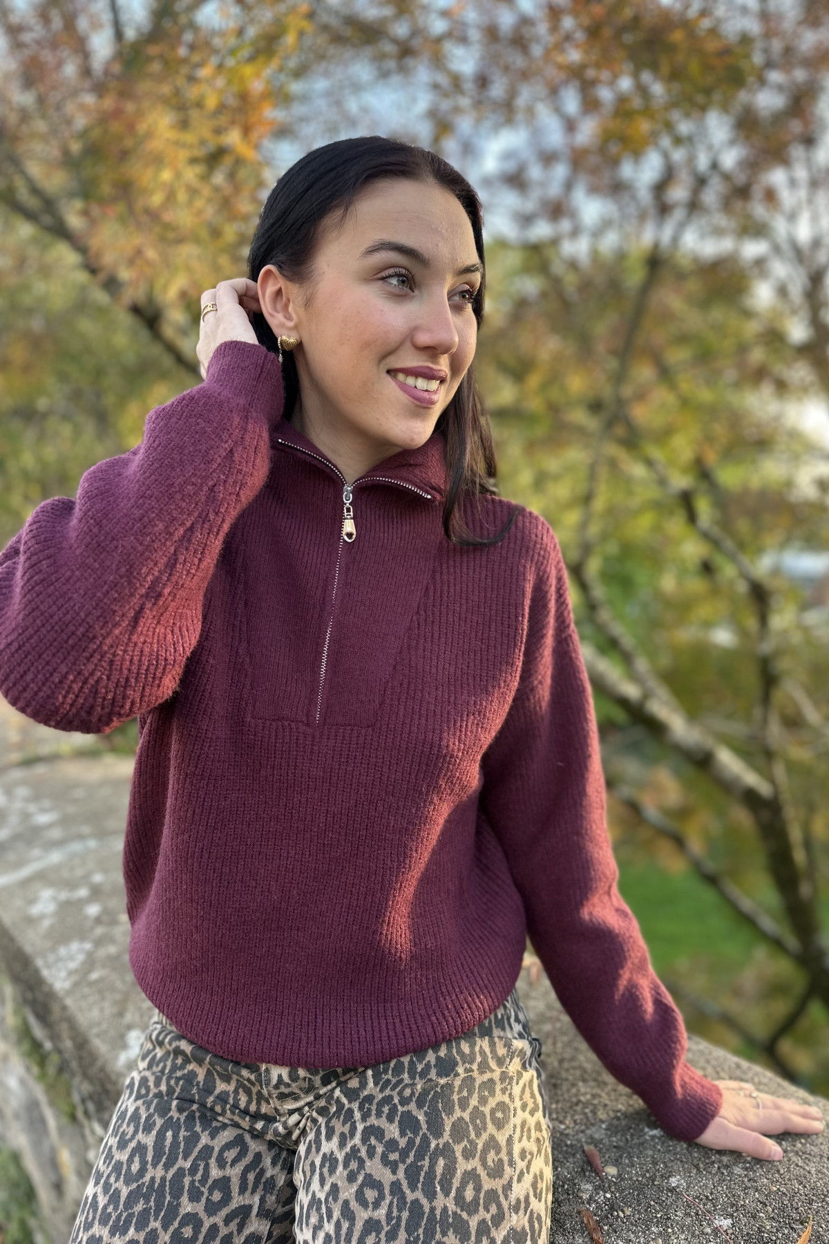 Pull oversize à zip bordeaux SK28678