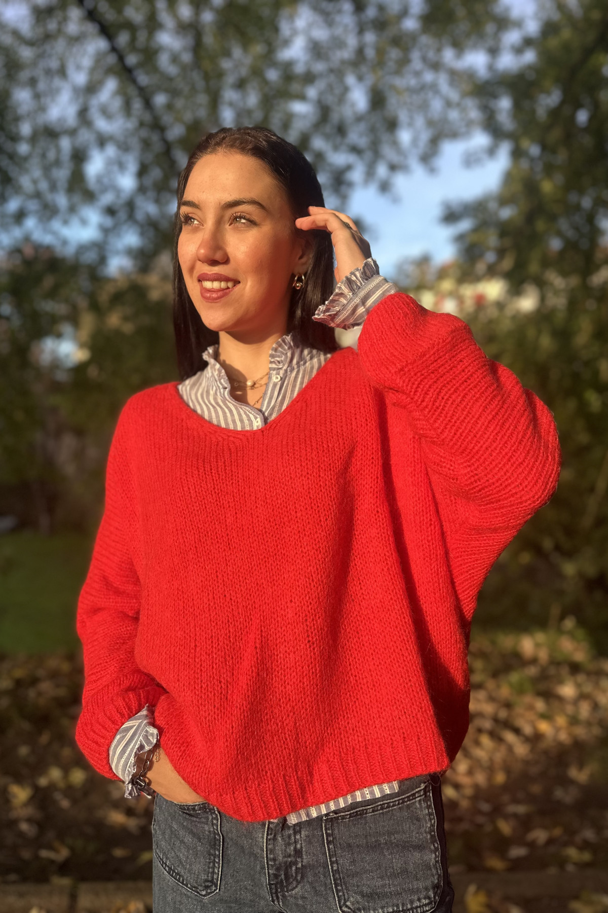 Pull oversize rouge orangé col en V 588H24