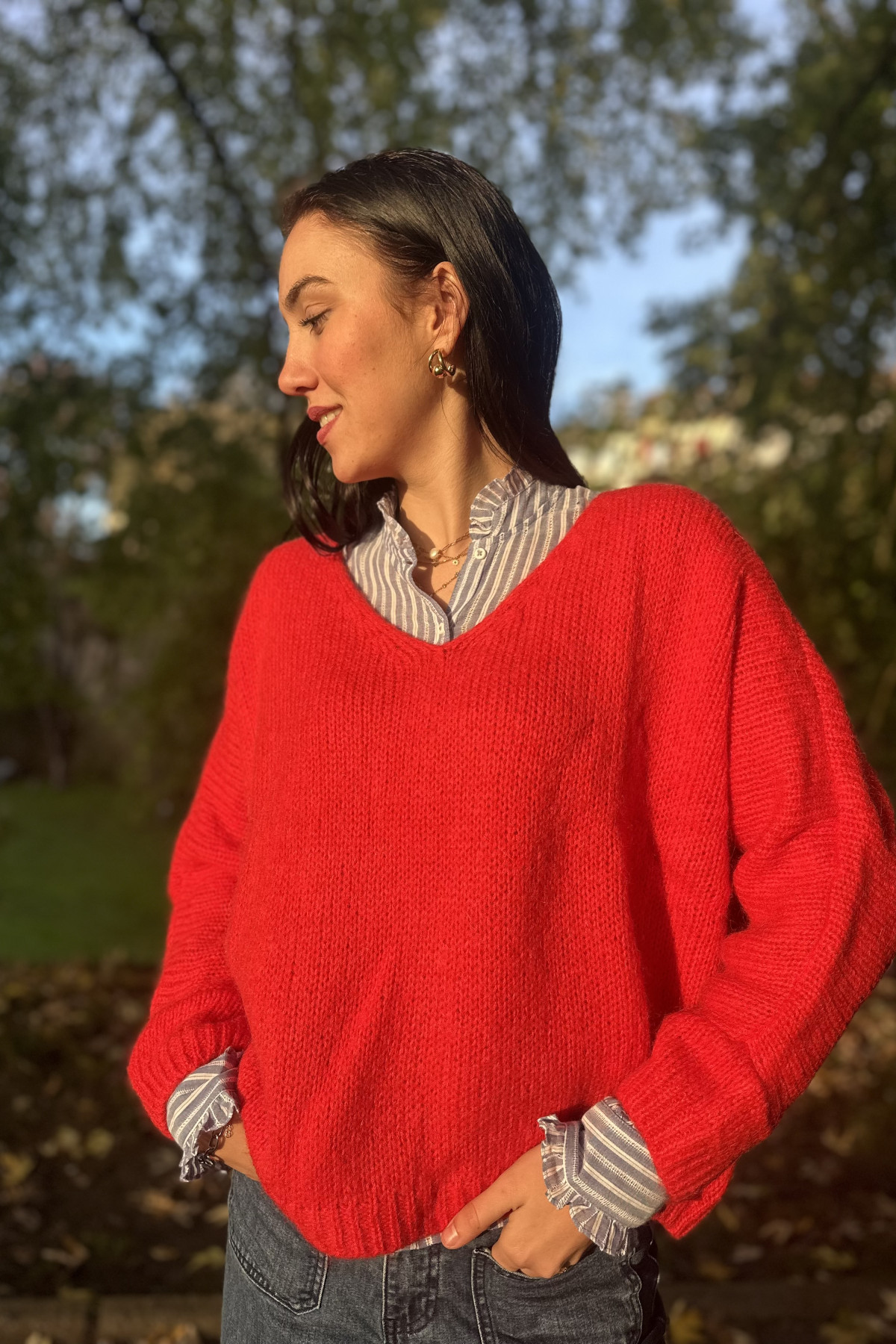 Pull oversize rouge orangé col en V 588H24