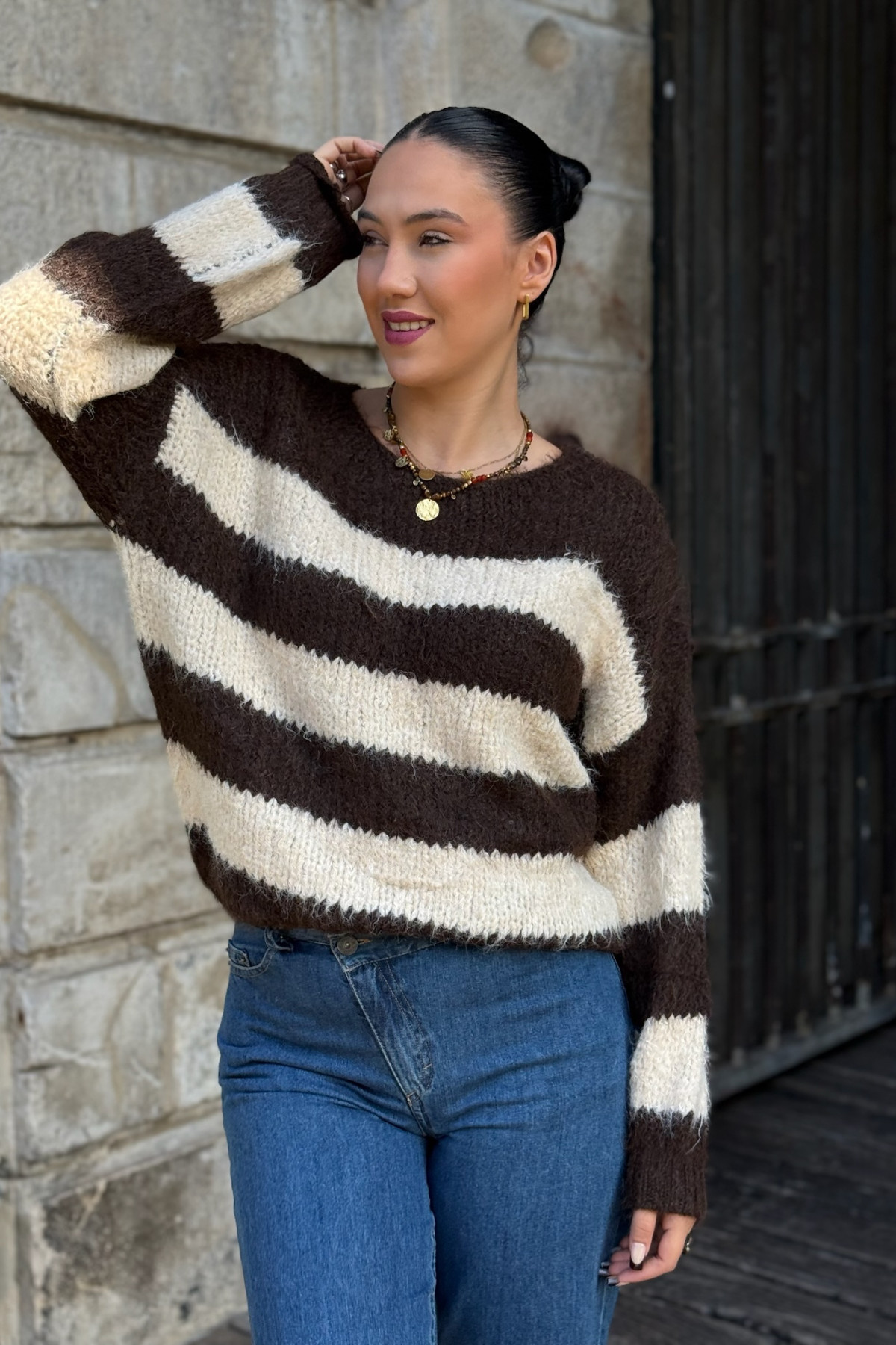 pull the korner en maille rayure ecru et marron horizontales sweater 3808 pull the korner en maille rayure ecru et marron horizontales sweater 3808